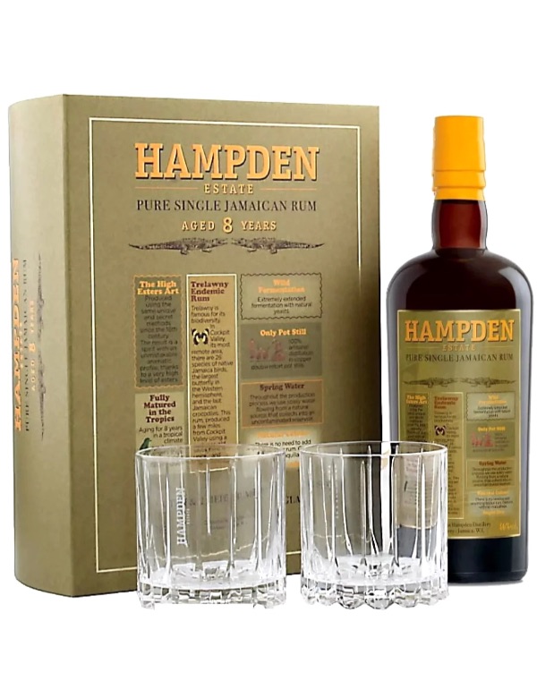 Hampden 8 years Gift Pack   2 Glass Jamaican Rum 46% 70cl