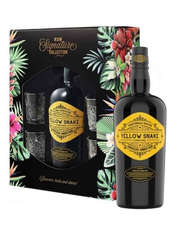 Yellow Snake Jamaican Rum Gift set   4 Glasses 70cl 40%